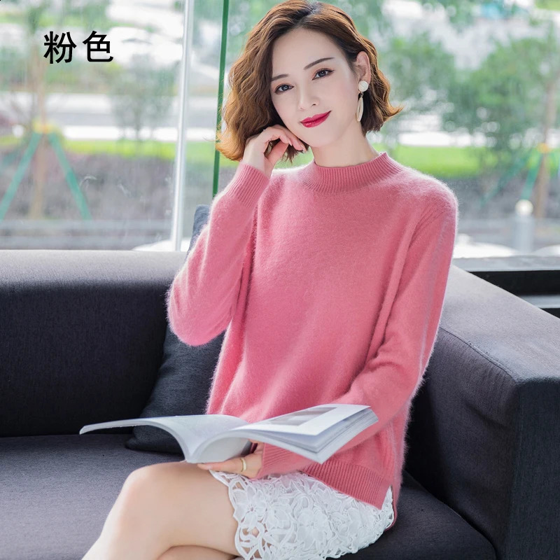 Winter 100%Mink Cashmere Women Half High Neck Fashion Knit Thick Solid Color Sweater Long Sleeve Large Size Base Warm Top 240813