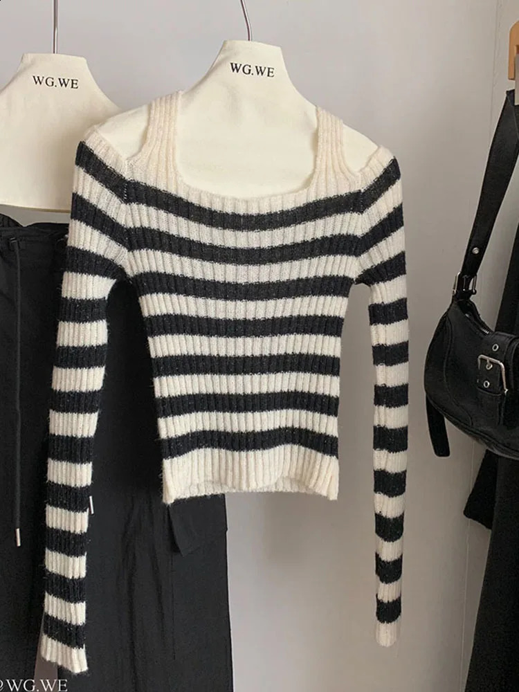 Sweet Preppy Style Classical Striped Sweater Women Halter Knitted Pullover High Street Casual Jumper Japanese Y2k Autumn Winter 240812