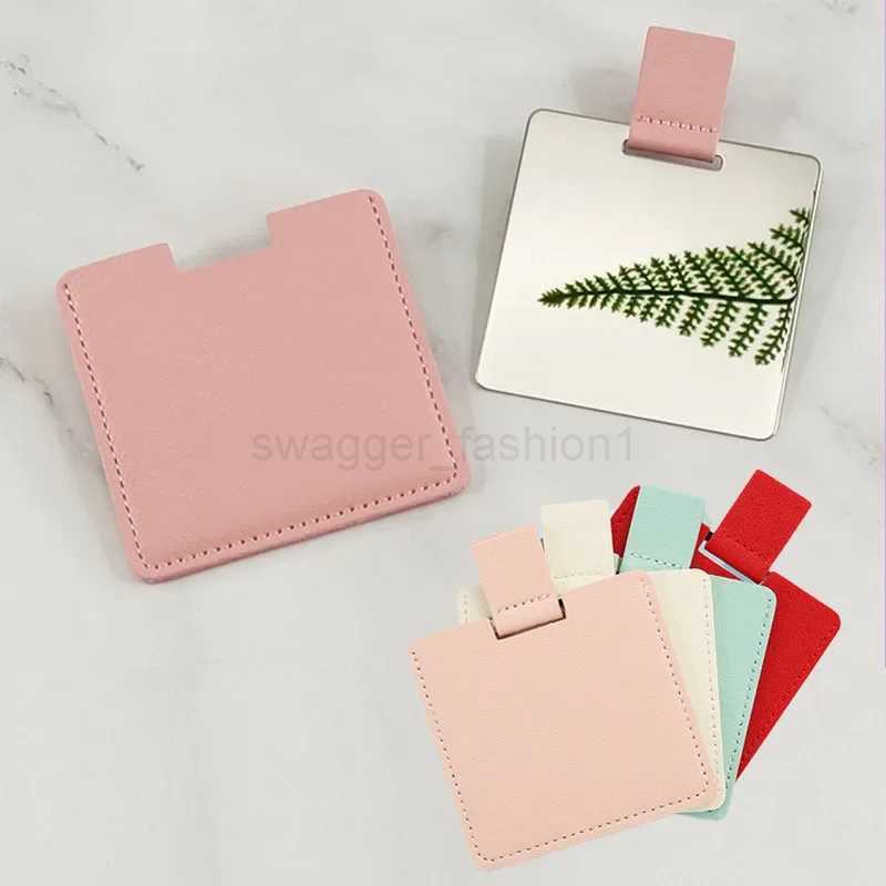 Stainless Steel Makeup Mirror with Leather Sheath Portable Square Pocket Mirror Handle Unbreakable Compact Vanity MirrorXJ240813