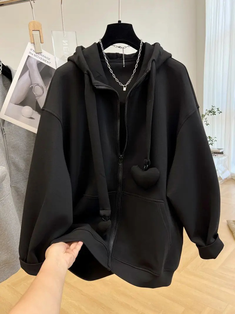 3XL Hoodies Women Zip Up Oversize Ins Solid Color Simple Leisure Korean Style All-match Warm Coats Autumn Winter Prevalent BF 240812