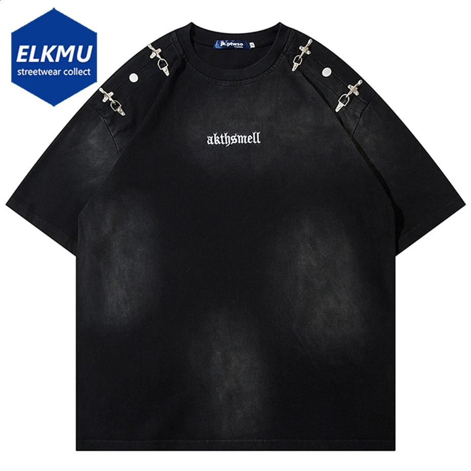 Men Harajuku Vintage T Shirts Streetwear Hip Hop Oversized T-shirts Metal Button Retro Loose Short Sleeve Tee Shirt Male 240812