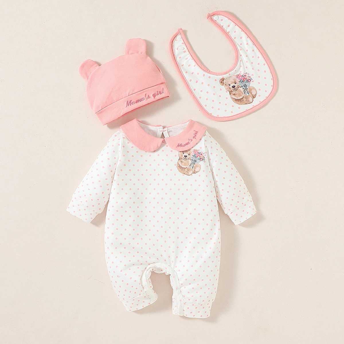 3 pieces of baby girl lapel long sleeved Autumn polka dot jumpsuit casual+hat+bib W240812