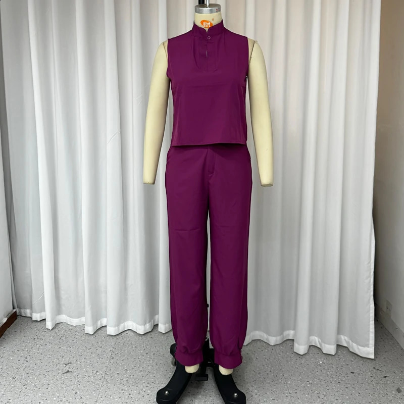 Wefads Women Two Piece Set Summer Simple Solid Round Neck Sleeveless Button Top With Pocket Pants Set Streetwear 240813