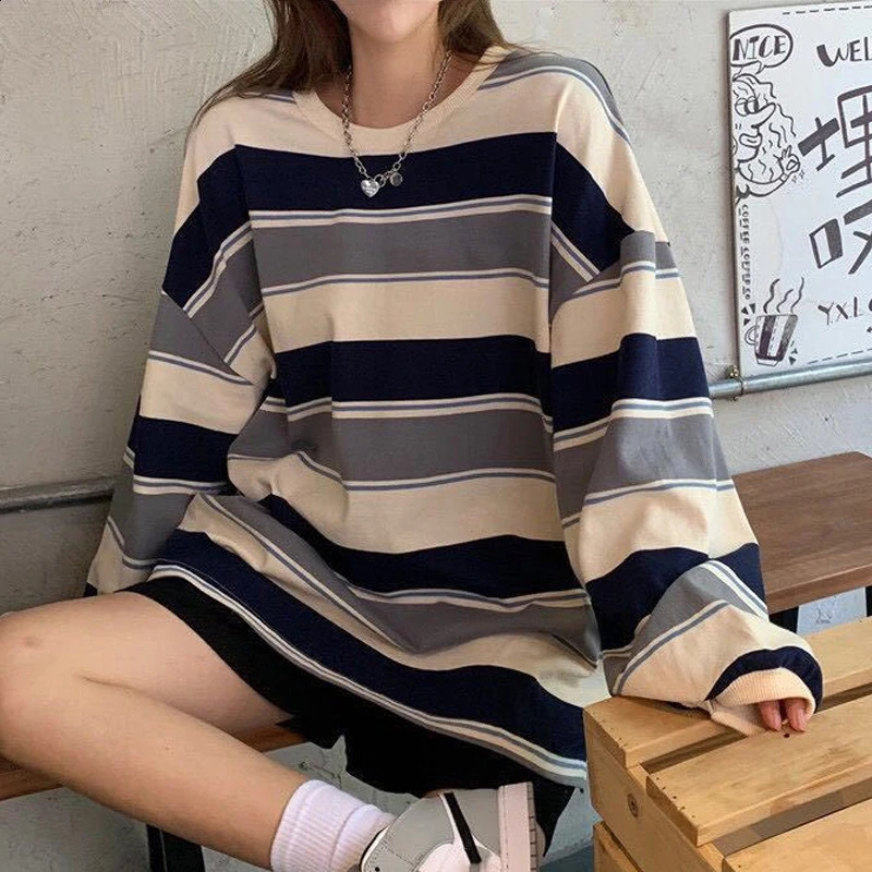 autumn Hoodies Striped Oversized Sweatshirt Women Harajuku Pullovers Korean Fashion Couples Matching Long Sleeve Tops Streetwear 240813