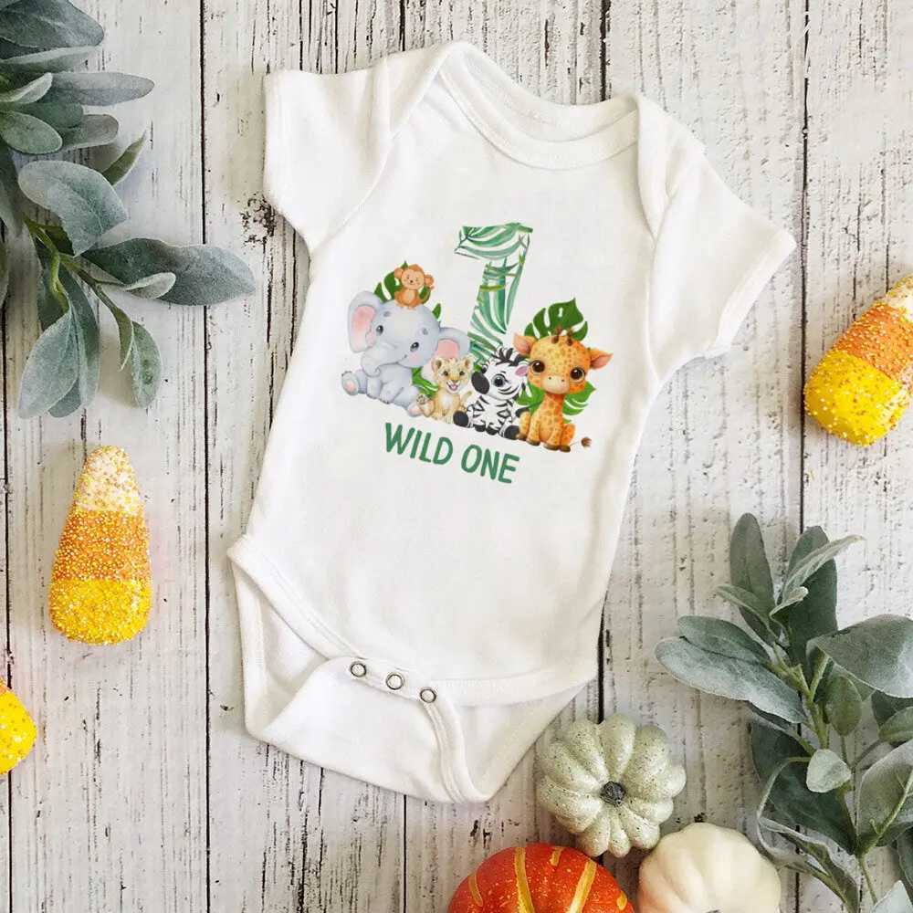 Wild One Birthday Baby Bodusuit Safari Animals Printed Romper Babys First Birthday Jungle Party Set Baby Shower Gift W240812