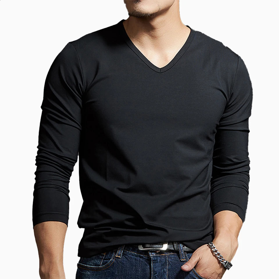 Casual Mens Long Sleeves Muscle V Neck Slim T-Shirt Solid Color Activewear Tops Tee Undershirt T Shirt Man Clothing 240812