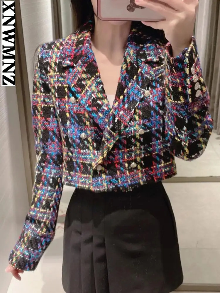 XNWMNZ womens jacket fashion double-breasted tweed cropped blazer vintage long sleeve female outerwear chic veste femme 240812