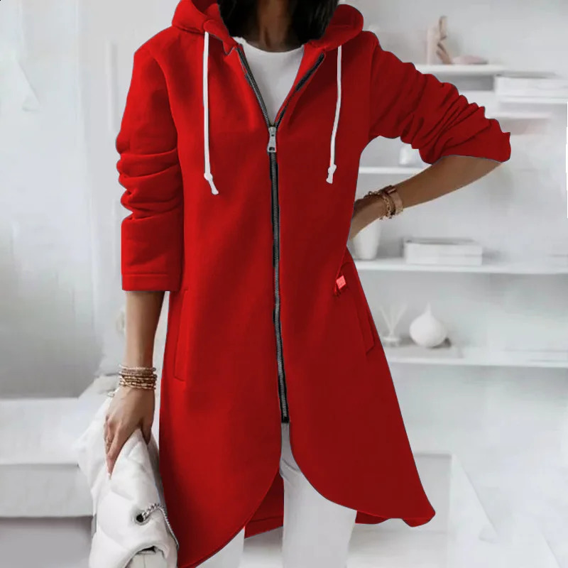 Solid Color Curved Hem Zipper Cardigan Hooded Sweatshirt Women Double Pockets Hoodie Autumn Winter Thickened Outerwear 240812