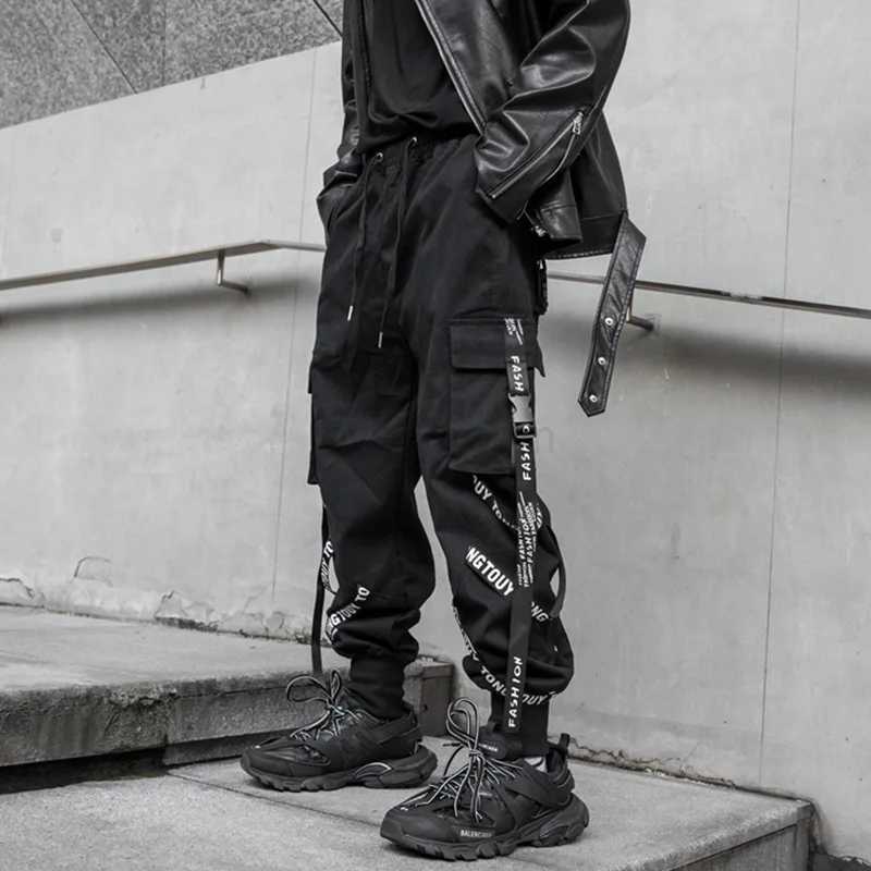 HOUZHOU Black Cargo Pants Men Joggers Cargo Trousers for Men Jogging Japanese Streetwear Hip Hop Hippie Techwear Gothic RibbonXJ240813