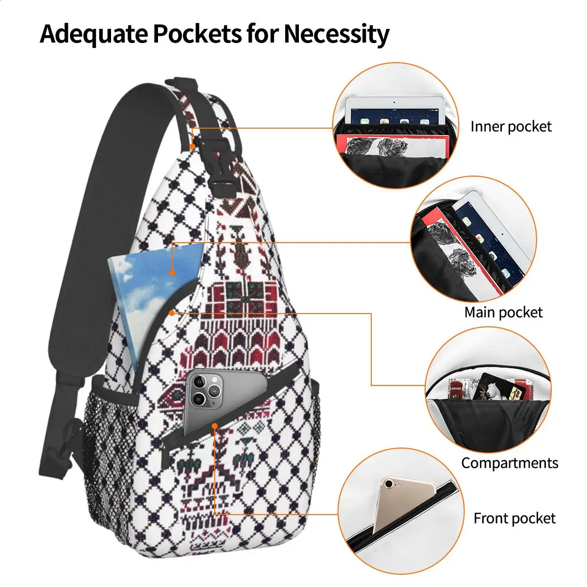 Palestinian Crossbody Sling Bag Traditional Tatreez Embroidery Shoulder Backpack Travel Backpack Daypack 240812