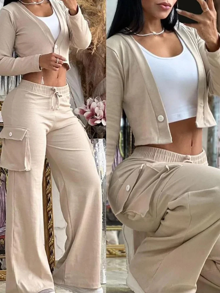 Casual Autumn Women Sets Solid Color Long Sleeve High Waisted Cardigan Top Elastic Waist Pocket Pants Two-piece Set 240813