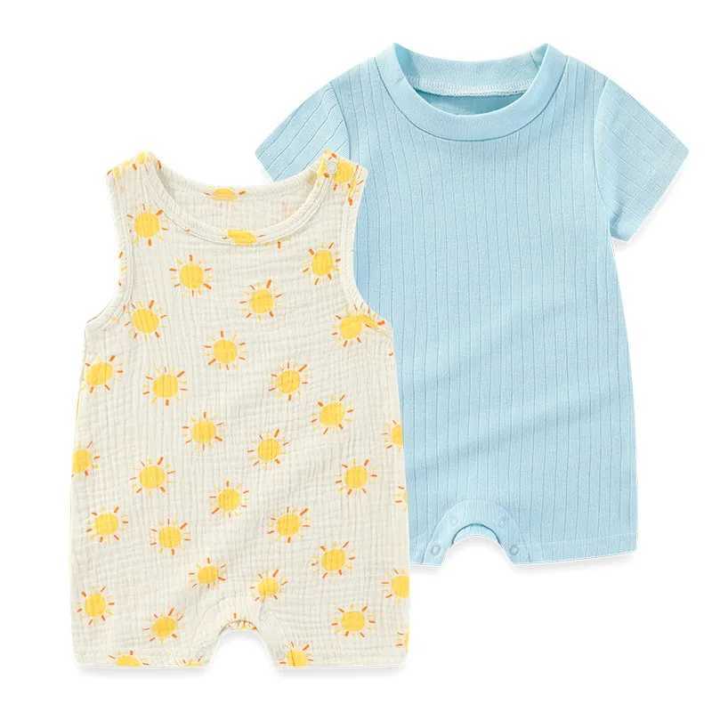 2 pieces of pure cotton newborn baby girl clothing flower 0-12M cartoon unisex sleeveless baby boy clothing summer print W240812