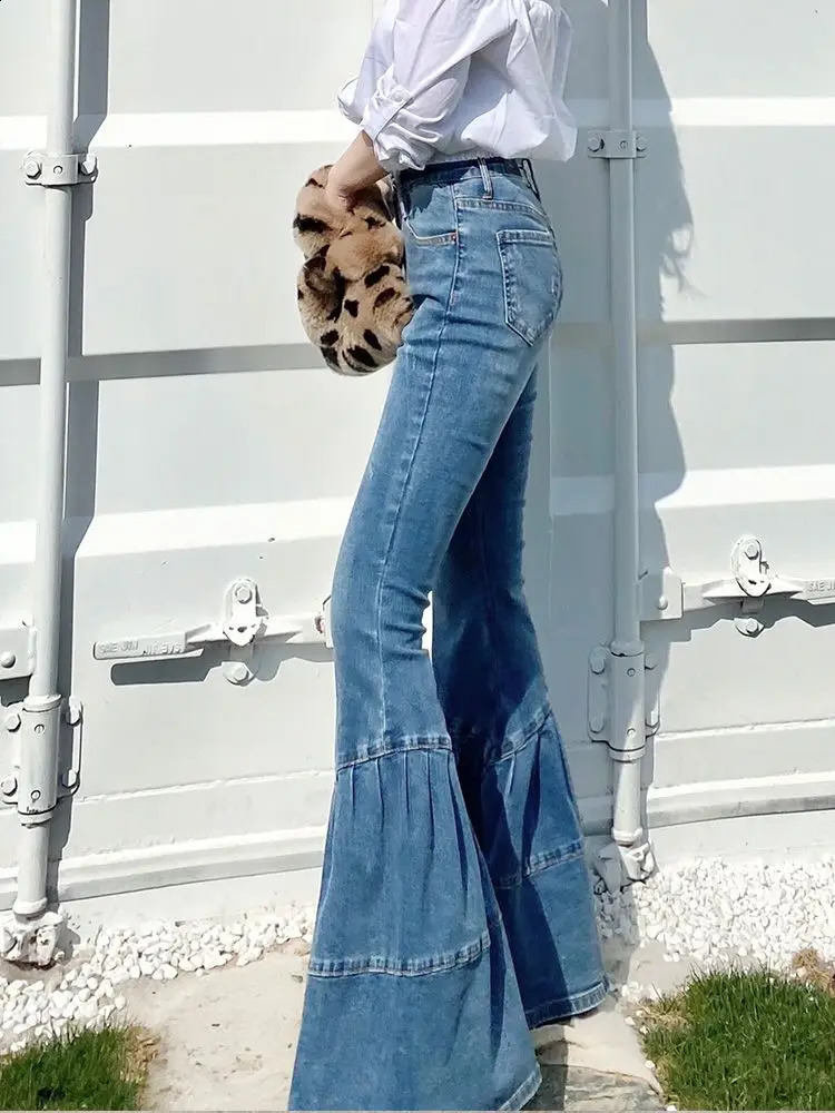 Spring and Autumn Light Color Flared Pants Womens Retro High Waist Splicing Loose Slim Wide Leg Denim Pants y2k jeans 240813