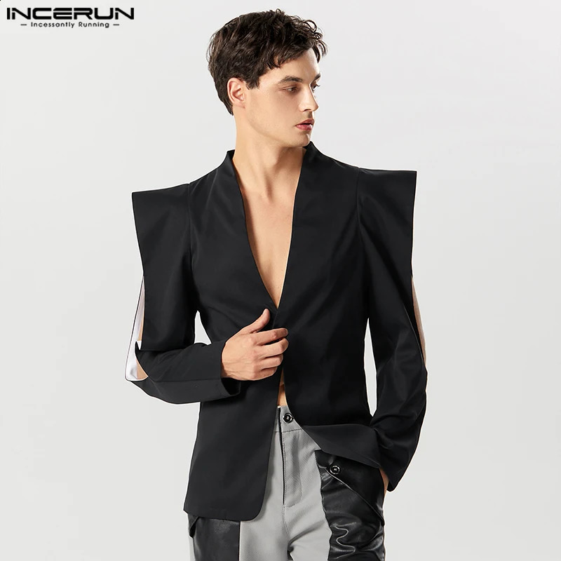 Mens Solid Collar Long Sleeve Single Button Irregular Set Street Clothing Hollow Fashion Thin Coat S5XL INCERUN 240812