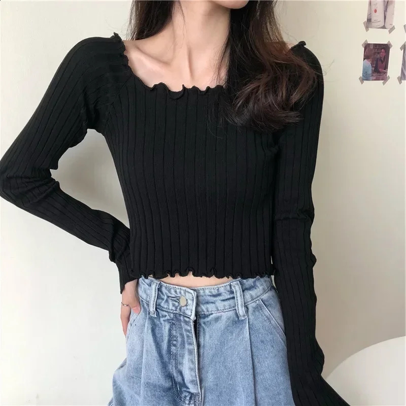 Women Y2K Tops Knitting Black Sweaters Autumn Winter Fashion Lady Long Sleeve Square Neck Slim Pullover Vintage Harajuku Jumpers 240812