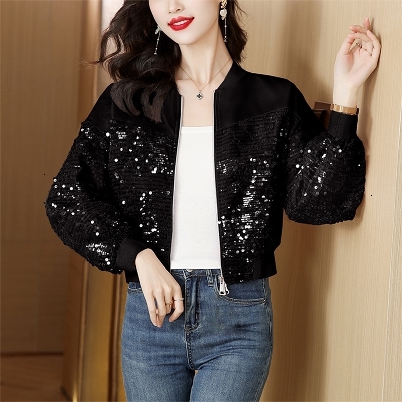 #5369 Black Pink Sequins Coat Women Slim Streetwear Baseball Jacket Batwing Sleeve Zipper Short Womens Jackets And Coats Spring 240812