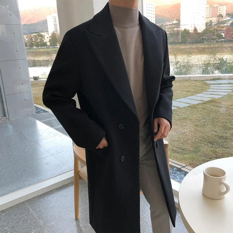 IEFB Mens Autumn Winter Mid Length Woolen Coat Korean Black Thickned Overcoat Long Sleeve Double-breasted Jackets 240812cj