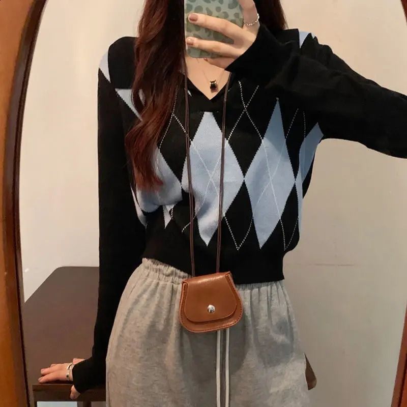 Spring Trend Patchwork Knitting Turn-down Collar Long Sleeve Pullovers Women Clothing Preppy Style Plaid Slim Sweater Femme Tops 240812