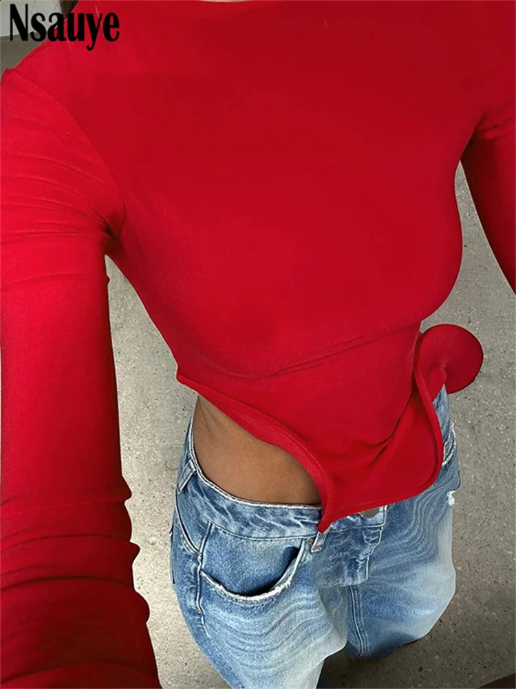 Nsauye womens long sleeved casual sexy streetwear Y2K club fashion Tshirt top ultrathin mini red irregular pleated crop Tees 240812