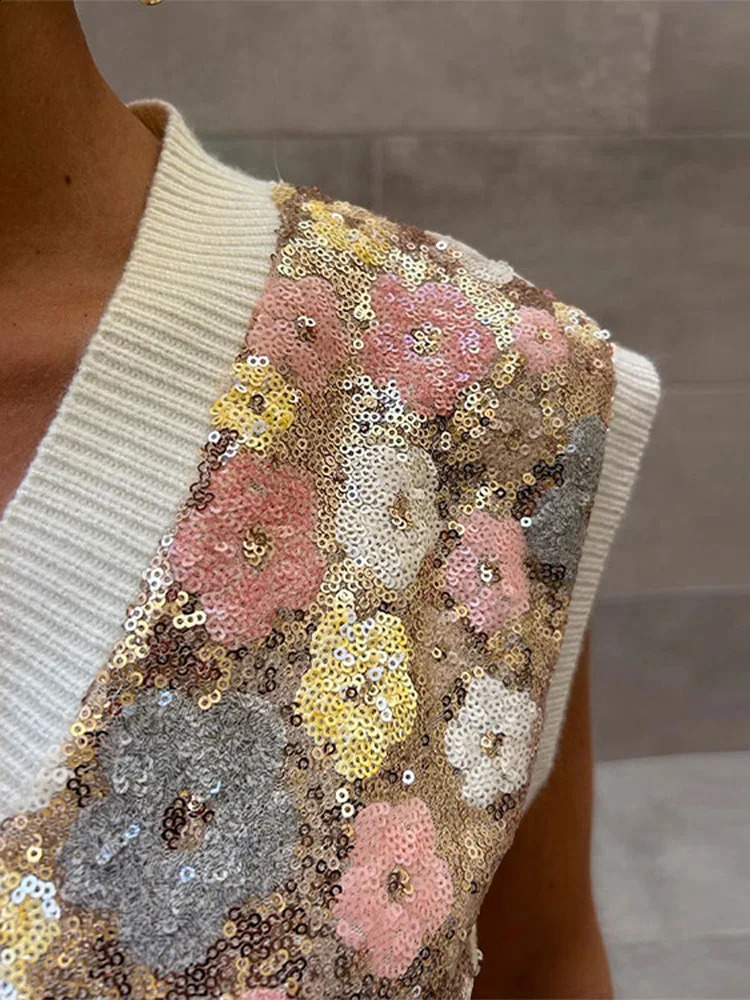 Elegant Colorful Flower Sequins Sweater Vest Women Fashion Loose V Neck Sleeveless Knitted Pullover 2024 Spring Lady Waistcoat 240813