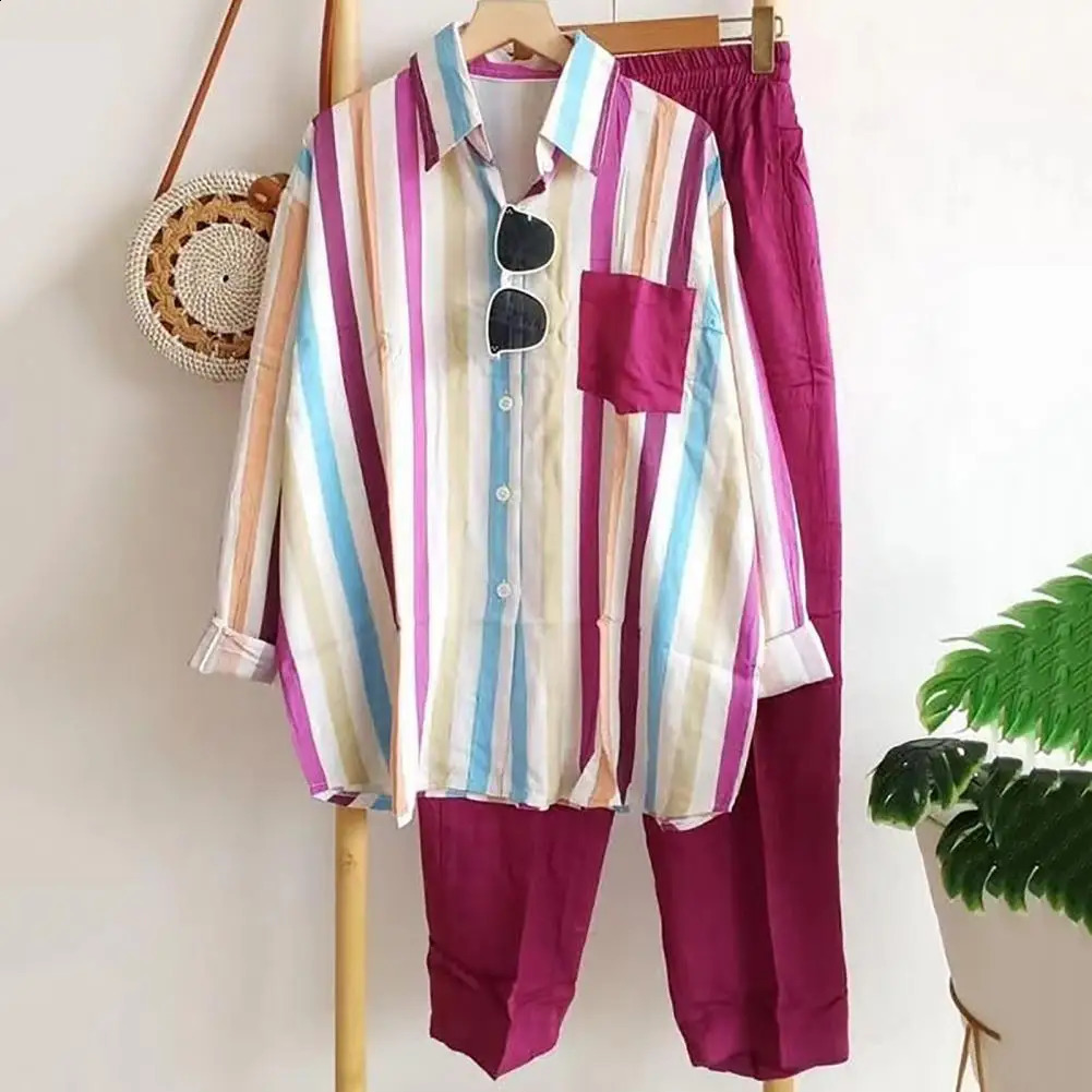 Stripe Long Sleeve Shirt Pants Set Summer Outfits For Women Tracksuit Chic Women Pants And Blouse Sets Female Two Piece Set 240813