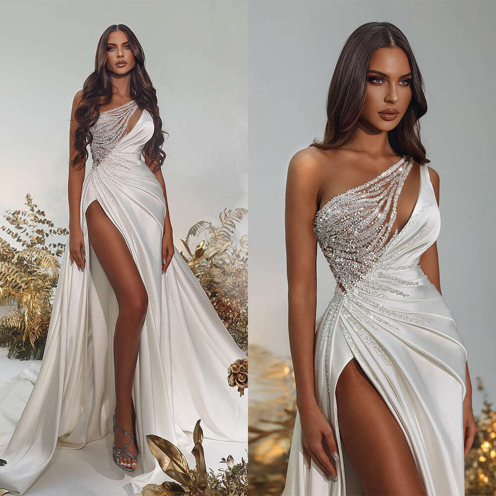 Popular Sheath Gown Wedding Dresses Pleat Sequins Satin One-Shoulder Bridal Gowns Plus Vestidos De Novia Custom Size Colour 6660311