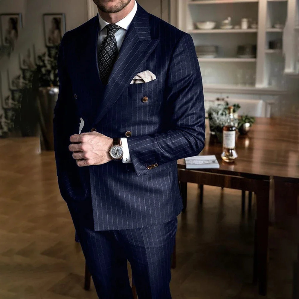 Trendy Navy Blue Striped Men Suit Lapel Double Breasted Male Blazer with Pants Formal Casual Wedding Slim 2 Pieces 240812cj