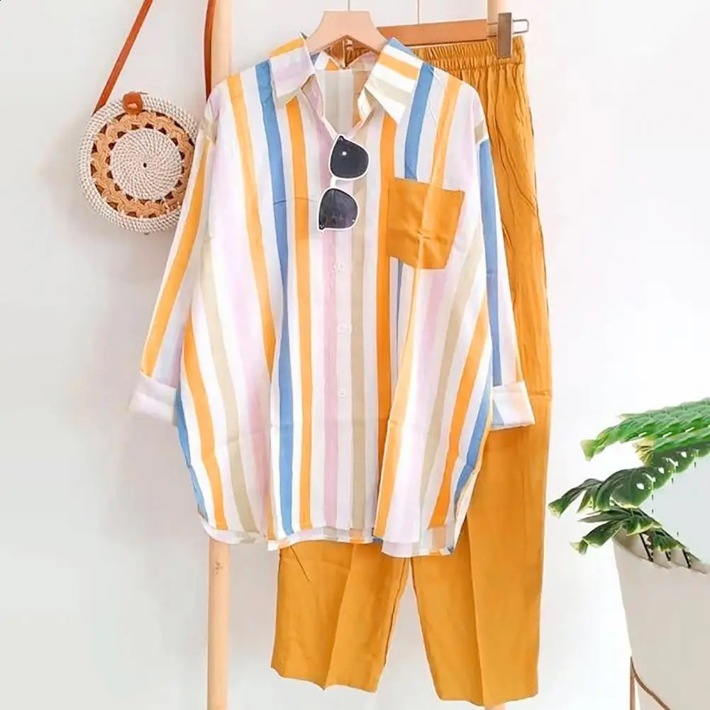 Stripe Long Sleeve Shirt Pants Set Summer Outfits For Women Tracksuit Chic Women Pants And Blouse Sets Female Two Piece Set 240813