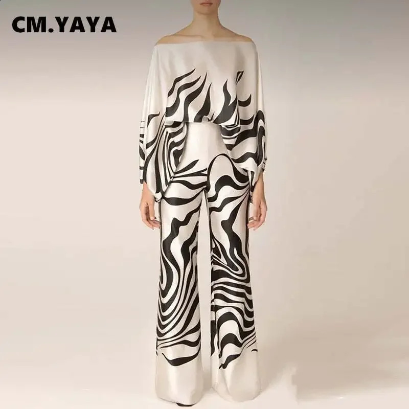 CM.YAYA Striped Satin Womens Set Off Shoulder Batwing Long Sleeve Shirt and Straight Wide Leg Pants Two 2 Piece Set Outfit 240813