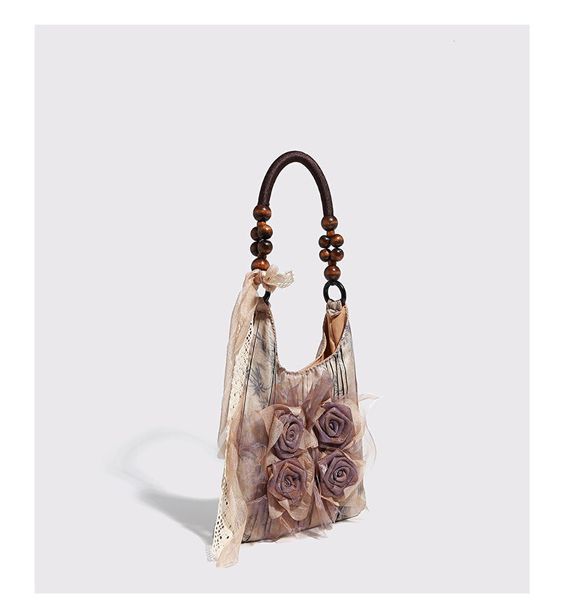 Retrotie dyed rose flower Shoulder Bag pleated underarm commuting tote bag single shoulder handbags