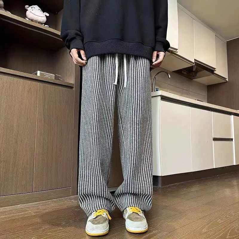 American retro black vertical striped casual pants for men and women trend lazy loose drawstring straight leg wide leg pants y2kXJ240813