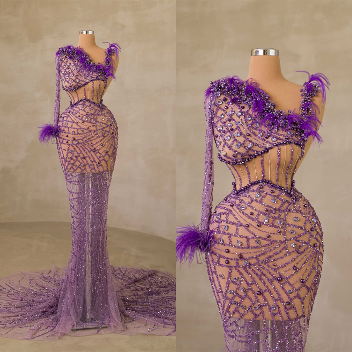 One Shoulder Stones Beaded Party Dress For Women Feathered Illusion No Lining Crystals Evening Gown Formal Occasion Dresses