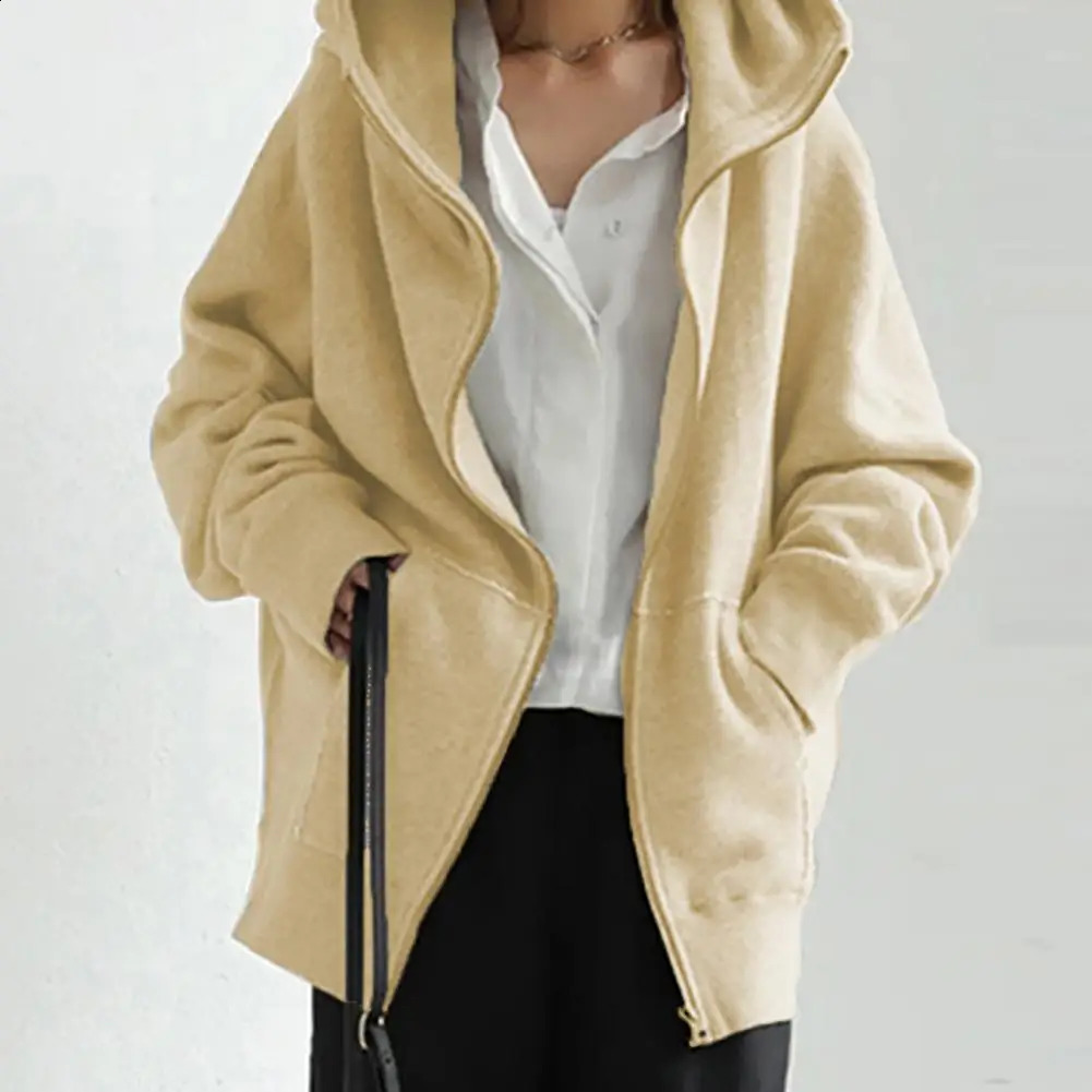 Long Sleeves Pockets Zipper Closure Oversized Mid-length Sweatshirt Jacket Autumn Solid Color Women Hoodie Coat Cardigan 240812