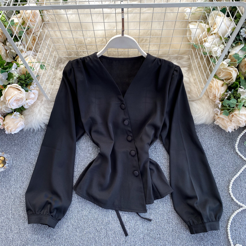 Blouse design sense niche diagonal open breasted buckle tied waist slimming irregular bubble sleeve top for women