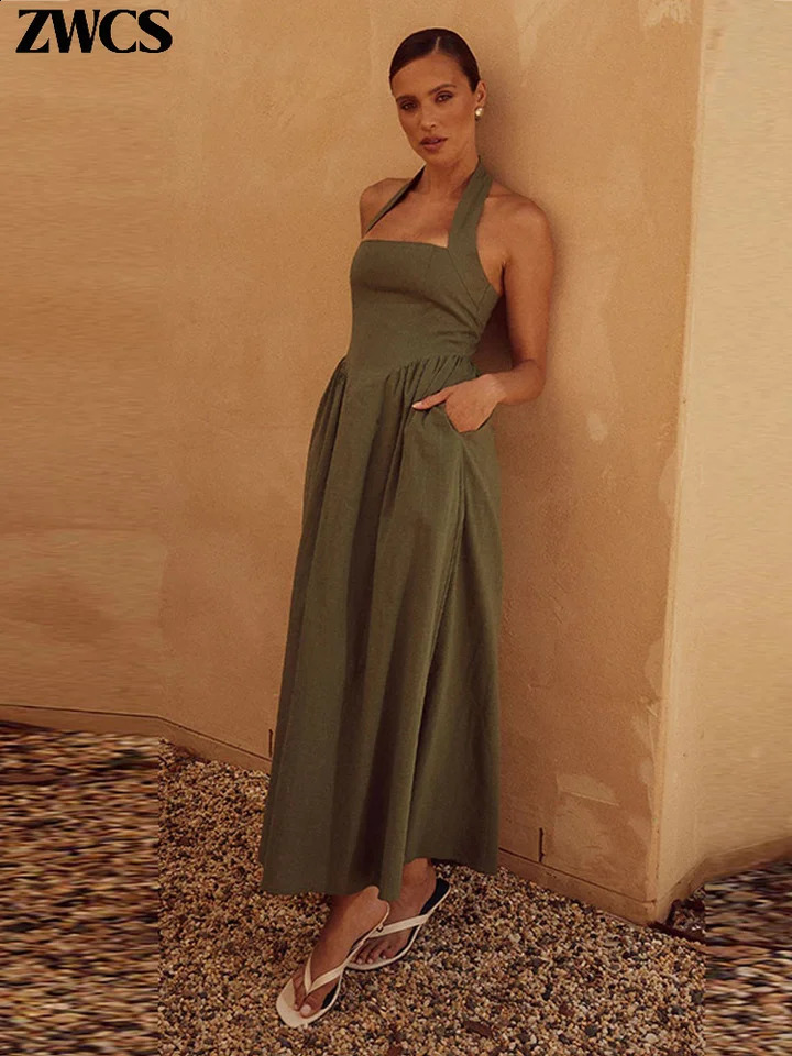 Clearance Pleated Halter Spaghetti Strap Dress Women Solid Backless Zipper Midi Dresses 2024 Summer Lady Casual Streetwear Robe 240812