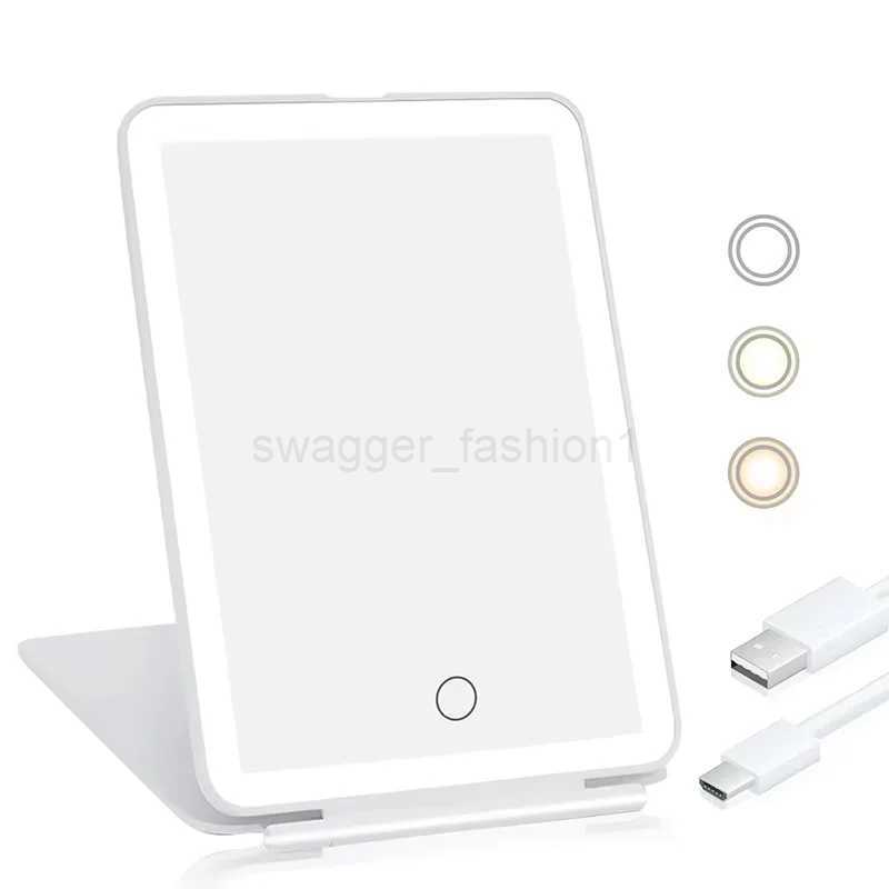 Portable travel USB rechargeable foldable makeup mirror with tri-color LED light Smart touch makeup mirrorXJ240813