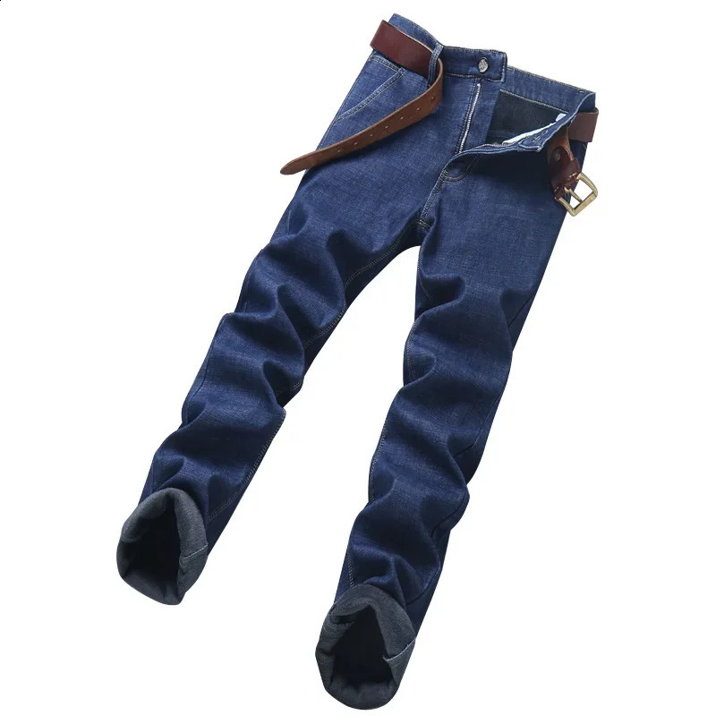 Vintage Thermal Trouser Business Mens Warm Fleece Jeans Winter Thick Velvet Pants Classic Daily Elastic Cotton Denim 240823
