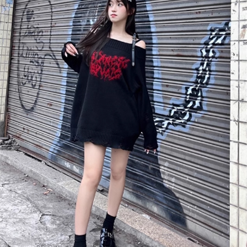 Womens Black Gothic Pullover Knitted Sweater Harajuku Korean Y2k Long Sleeves Jumper Sweaters Vintage 2000s Clothes Autumn 240812