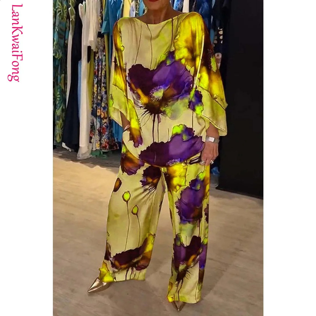 LKF 2024 Autumn Urban Elegant Womens Set Satin Loose Print Bat Sleeves Drawstring Wide Leg Pants Two Piece Set Wholesale 240813