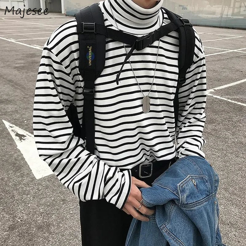Spring Autumn Turtleneck Striped T-shirts Men Slim Fit Casual All-match Undershirts Long Sleeve Tops Couples Korean Fashion Tees 240812