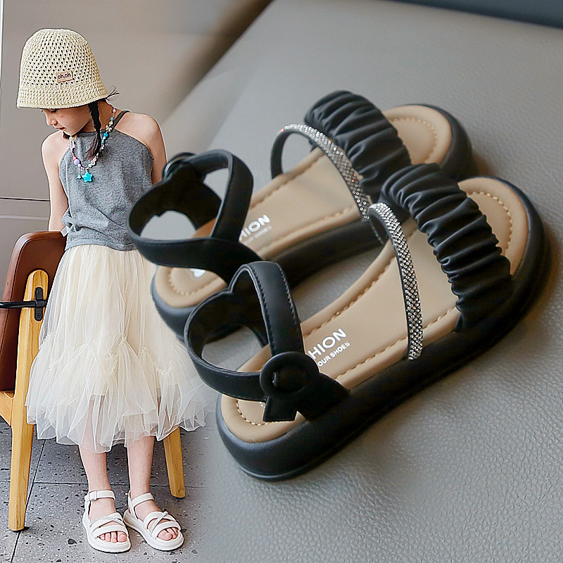 Children Sandals Rhinestones Pleated Chic Princess 2023 New Soft Breatheable Simple Kids Shoes Flat Non-slip Cute Casual R240813