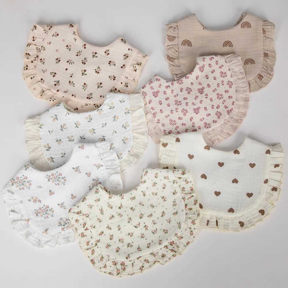 Bibs Burp Cloths Flower Print Baby Bibs Adjustable Snap Saliva Towel Ruffled Edge Muslin Cotton Burp Cloths Rainbow A Grade Girls Feeding ScarfL4812