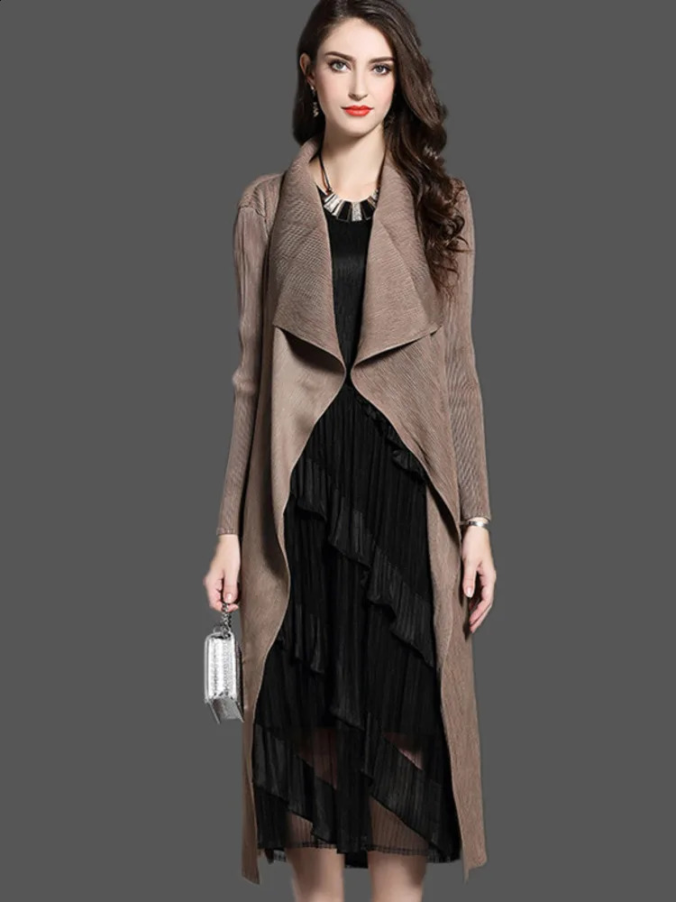 Women Fashion Pleated Long Windbreaker Turn Down Collar Open Cardigan Black Green Gray Red Khaki Female Clothing Coat Shawl 240813