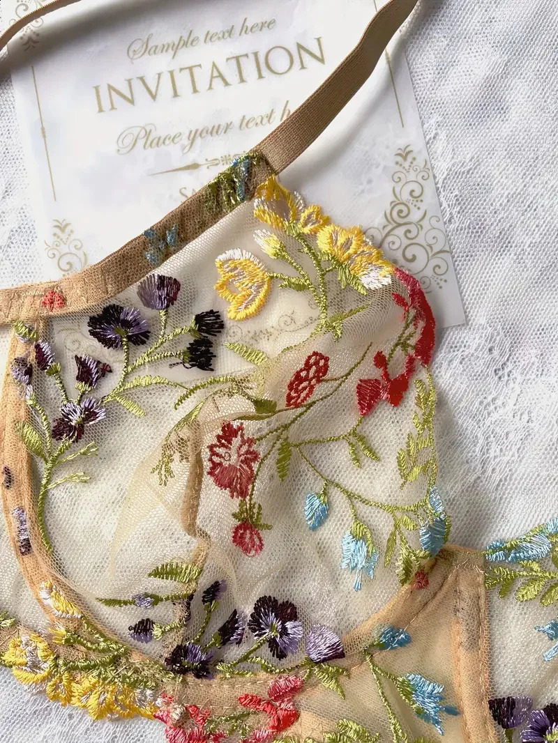 Yimunancy Floral Embroidery Lingerie Set Women Sheer 2-Piece Boho Bra Panty Underwear Set Intimates 240812