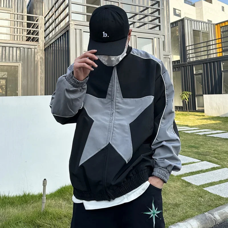 Retro bomber jacket mens five point star patch work street college super Harajuku Y2k sports autumn 240812