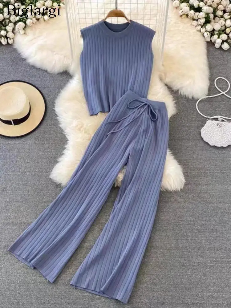 Knitted Autumn 2 Two Piece Set Women Sleeveless Bodycon Modis Ladies Tops High Waist Wide Leg Pants Woman 240813