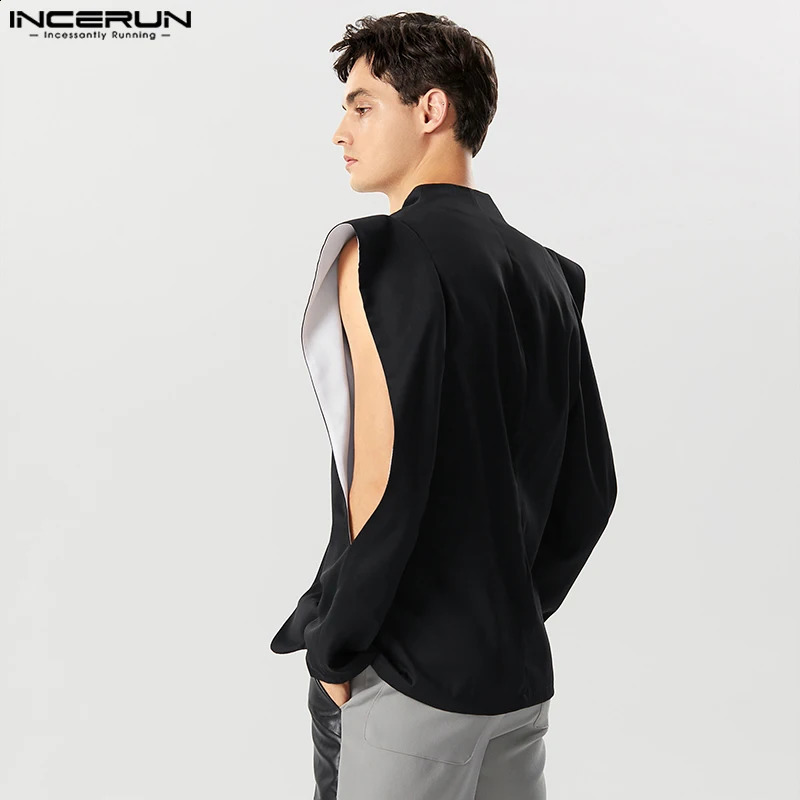 Mens Solid Collar Long Sleeve Single Button Irregular Set Street Clothing Hollow Fashion Thin Coat S5XL INCERUN 240812