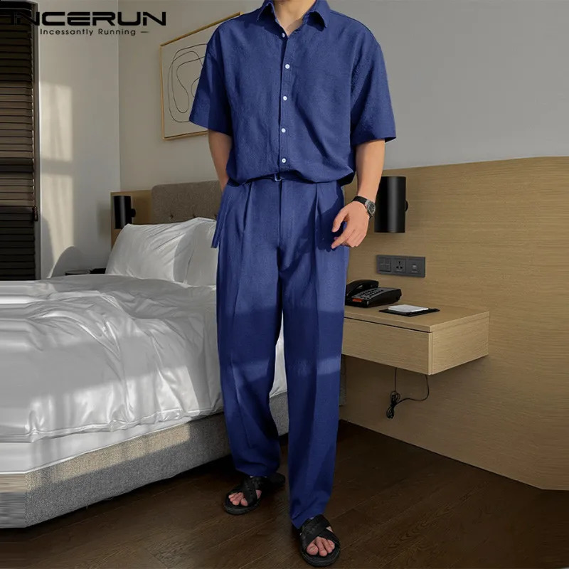 Handsome Men Sets INCERUN 2024 Solid Short Sleeved Shirts Long Pants Casual Streetwear Male Selling Two-piece Sets S-5XL 240813