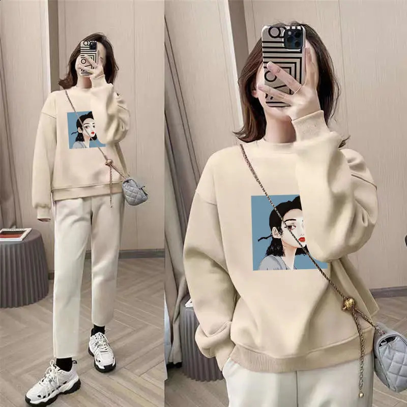 Autumn and Winter Womens Crew Neck Long Sleeved Printed Loose Pullovers Korean All Match Fashion Casual Office Lady Tops 240812
