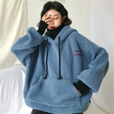 Winter cec with plush and thickened lamb pullover loose hooded fake two piece wool high neck sweatshirt jacket women s fashion 077a0